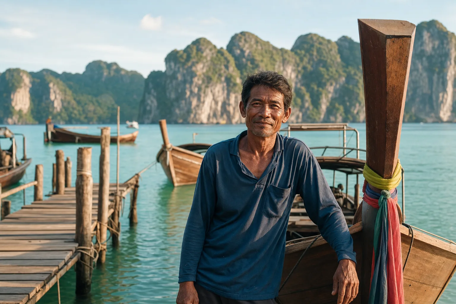 A local Thai longtail captain beside his boat