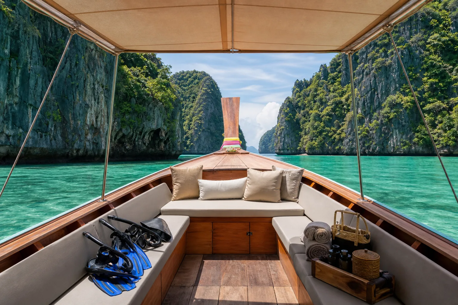 Interior of a comfortable traditional Thai longtail boat